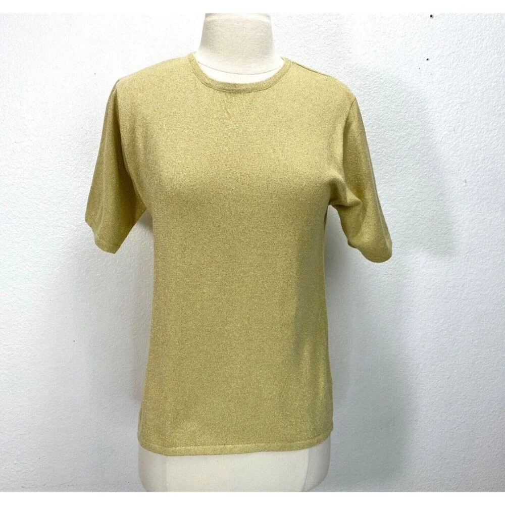 Vintage Y2K Yarnworks Gold Metallic Sweater Small Knit Short Sleeve Pullover